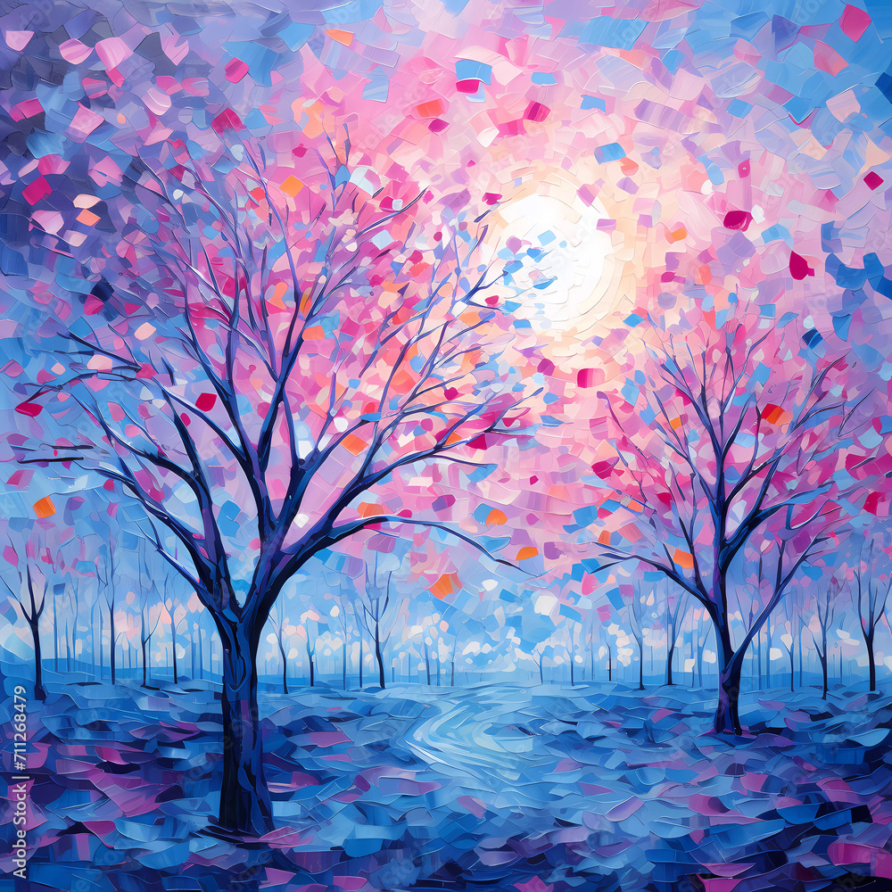 Realistic oil painting of trees and beautiful scenery with joyful celebration of nature, indigo, blue and pink colors, hard-edge painting, broad strokes oil painting. Vibrant color of oil painting.