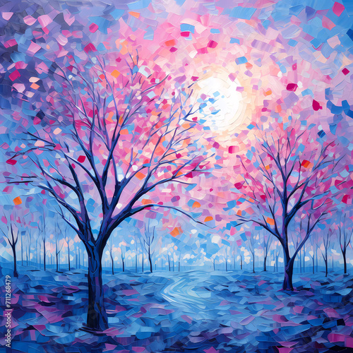 Realistic oil painting of trees and beautiful scenery with joyful celebration of nature  indigo  blue and pink colors  hard-edge painting  broad strokes oil painting. Vibrant color of oil painting.