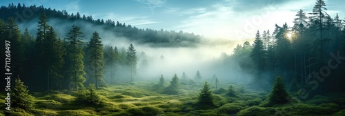 A wide panorama of the forest through the morning fog in the spring. Generative AI. © visoot