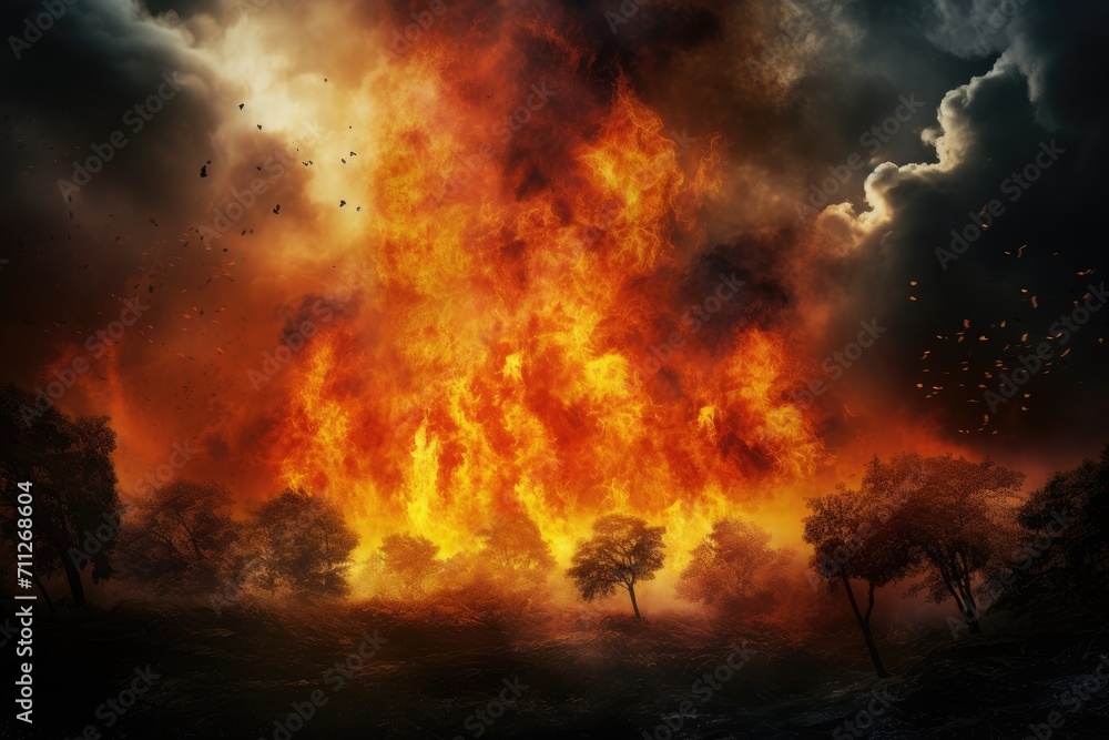 A massive fire blazes in the sky, creating a mesmerizing and powerful sight for onlookers, Forest fire natural disaster concept, burning fire in the trees on the India flag background, AI Generated