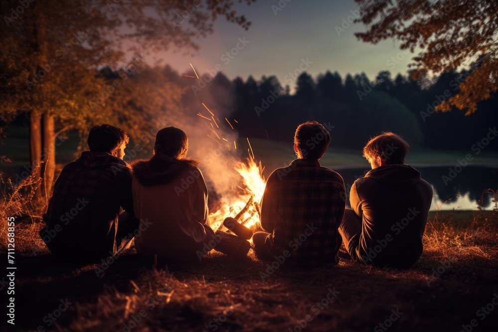 Three individuals seated together around a campfire in the darkness of the night, Friends sitting in front of a bonfire, top section cropped, no visible faces, AI Generated Three individuals seated together around a campfire in the darkness of the night, Friends sitting in front of a bonfire, top section cropped, no visible faces, AI Generated