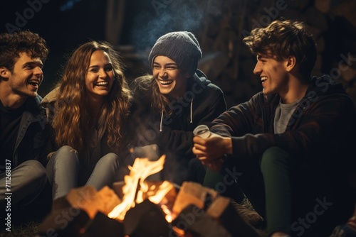 Group of Young People Gathered Around Campfire Enjoying the Outdoors, Friends sitting in front of a bonfire, top section cropped, no visible faces, AI Generated