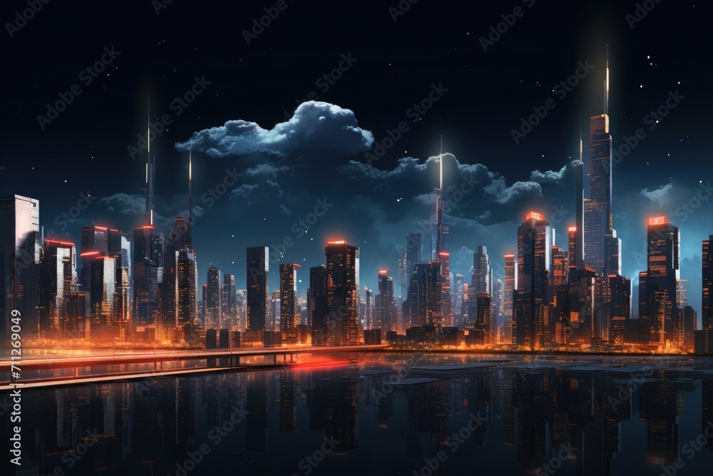 Bustling Metropolis, Thriving Cityscape of Towering Skyscrapers and Urban Charm, Futuristic city depicted at night in a 3D rendering, created through computer digital drawing, AI Generated