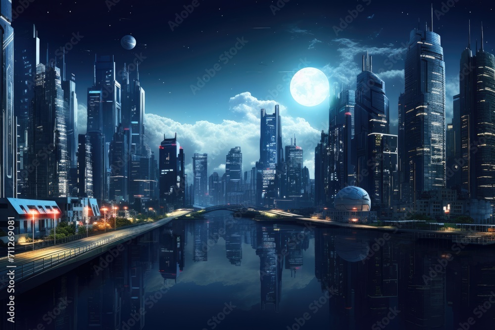 Futuristic City With River, A Vision of Urban Advanced Civilization, Futuristic city depicted at night in a 3D rendering, created through computer digital drawing, AI Generated