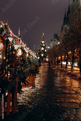 Christmas decoration on the Red Square in Moscow at night, Russia.