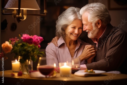 Aged couple sharing romantic dinner on Valentine Day at home. Senior lovers hugging and sharing words of love sitting at table slowly drinking wine
