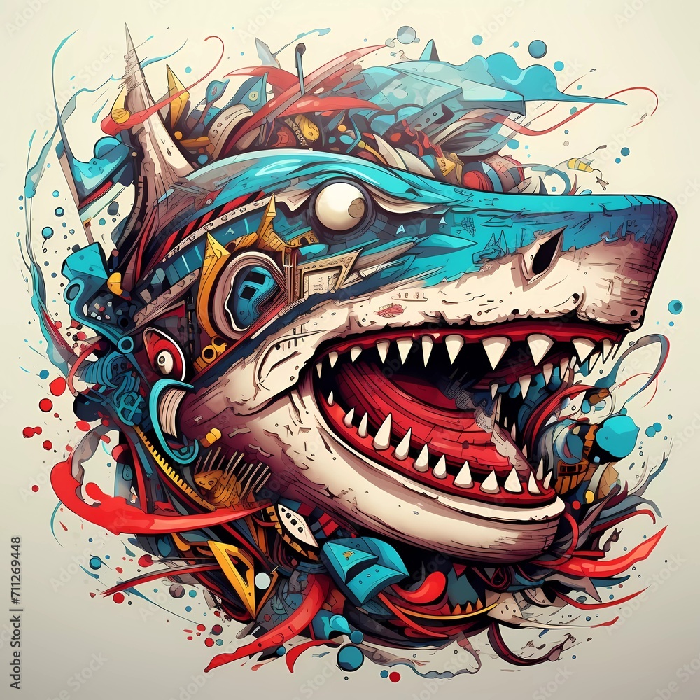 Abstract shark head close up with tangled doodle elements. Full color illustrations. generative ai