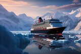 A cruise ship sailing in icy waters with a backdrop of towering icebergs, Cruise ship in majestic north seascape with ice glaciers in Canada, AI Generated
