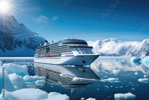 A magnificent cruise ship braving its way through a treacherous sea filled with icebergs, Cruise ship in majestic north seascape with ice glaciers in Canada, AI Generated