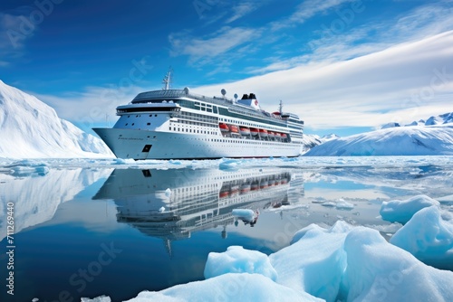 A cruise ship gracefully navigates through a treacherous sea filled with towering icebergs, Cruise ship in majestic north seascape with ice glaciers in Canada, AI Generated © Iftikhar alam