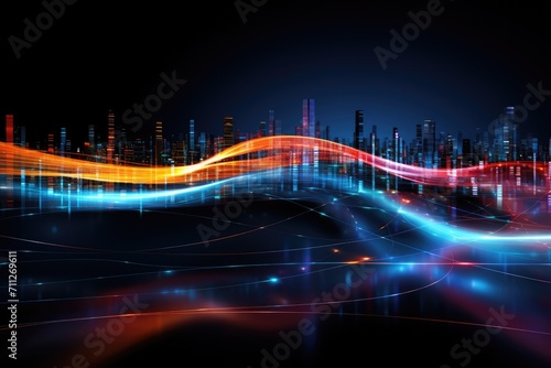 An electrifying abstract cityscape illuminated by vibrant lights and characterized by dynamic lines, Data transmission channel Motion of digital data flow, AI Generated