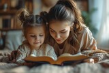 Mother and daughter are enthusiastically reading the Bible in the room. Generative AI.