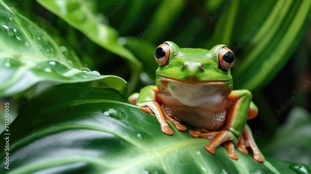 Closeup of a charismatic tree frog camouflaged a a of emerald leaves its curious expression revealing its fascination with its lus Closeup of a charismatic tree frog camouflaged a a of emerald leaves its curious expression revealing its fascination with its lus