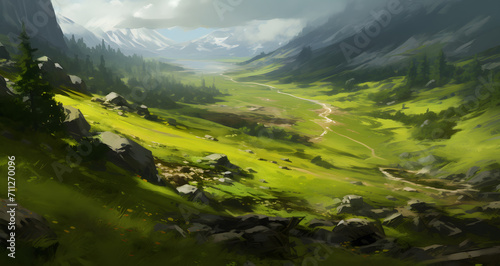 an illustration of a very green valley surrounded by rocks © Daniel