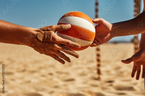 Group of People Holding Onto a Beach Ball at the Beach for Fun and Recreation, Cropped hands of players practicing volleyball, AI Generated
