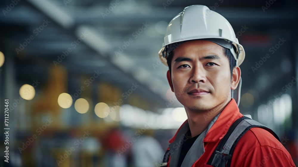 Portrait of happy Asian engineer in protective gear working in factory Portrait of happy Asian engineer in protective gear working in factory