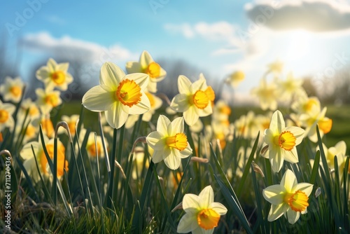 A stunning field of yellow daffodils stretches out under a brilliant blue sky, Daffodil flowers in the field, AI Generated