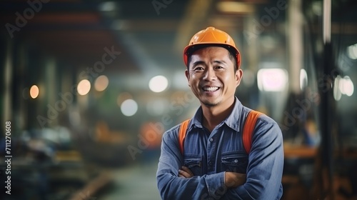 Portrait of happy Asian engineer in protective gear working in factory