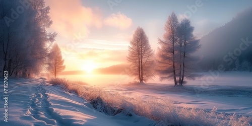 Winter meadow with snow-covered trees near a cliff in the fog at sunrise. Generative AI.