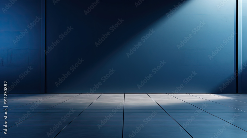 A dark room with a concrete floor and a spotlight. Suitable for dramatic or mysterious themed designs, theater and event promotion, and creative storytelling visuals. empty dark blue room