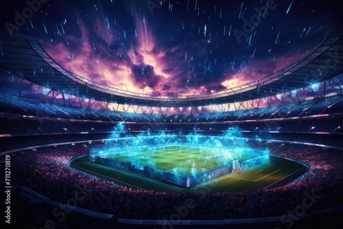 Thousands of excited fans gathered together in a massive stadium to witness a thrilling soccer game, Full night football arena in lights, AI Generated © Iftikhar alam