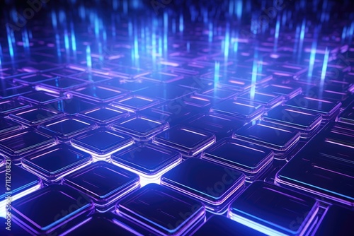 A detailed close-up image of the keys on a computer keyboard, Futuristic background with holographic floating grids, AI Generated photo