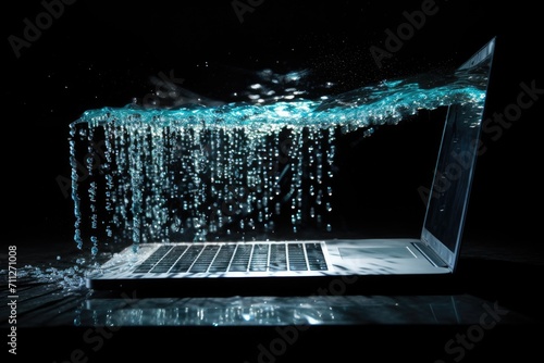 Witness the shocking disaster as water pours out of a laptop computer, causing irreparable damage, Binary code stream flowing from a broken laptop screen, AI Generated