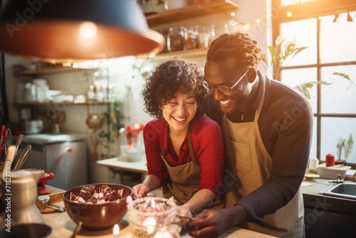 Multicultural couple preparing sweet treats on Valentine Day. Black man in love with assisting Asian woman prepares cake for Valentine Day dinner photo