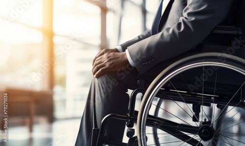 A disabled, businessman sits in a boardroom in a bright glass room