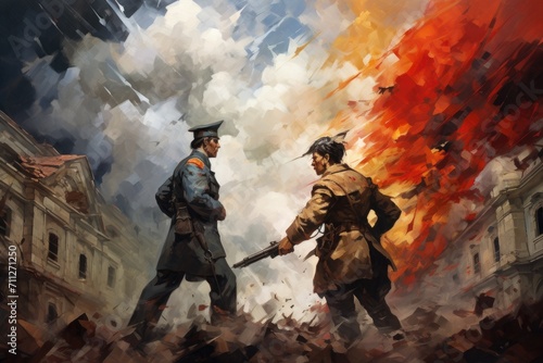 A painting depicting two men standing side by side, captured in a single moment, Bold strokes of war and peace merging in the middle, AI Generated