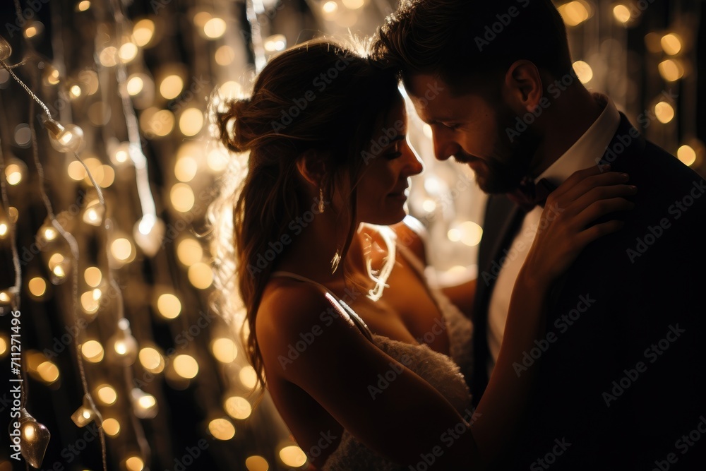 A straightforward image capturing a man and woman standing together, conveying their presence side by side, Bride and groom share a moment under twinkling fairy lights, AI Generated