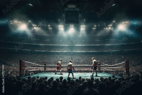 A group of men stands proudly on top of a boxing ring, Boxing match taking place in a packed stadium, AI Generated photo