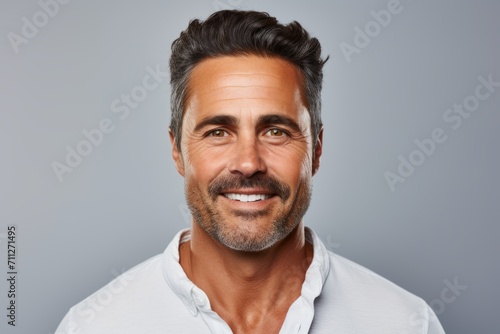 Handsome middle-aged man in white shirt smiling at camera while standing against grey background