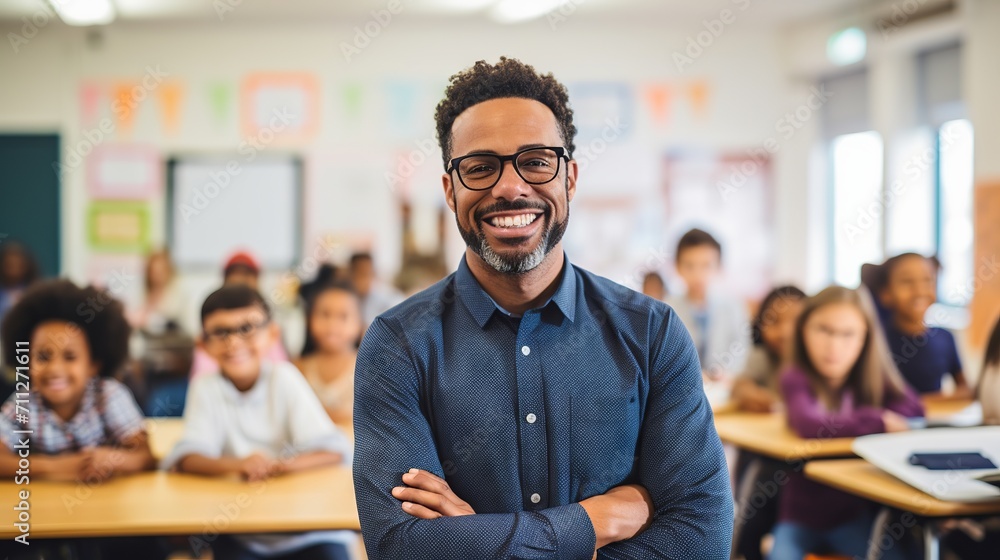 Happy male educator teaching in a classroom with diverse elementary school students Happy male educator teaching in a classroom with diverse elementary school students