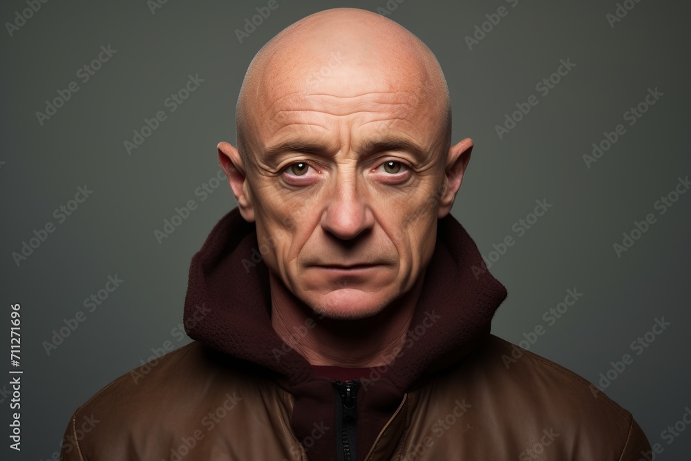 Portrait of an old bald man in a brown jacket with a hood Portrait of an old bald man in a brown jacket with a hood