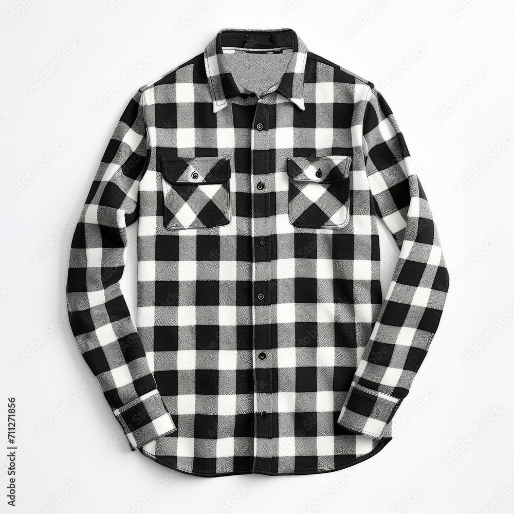 Black and white long sleeve plaid flannel shirt on white background. Black and white long sleeve plaid flannel shirt on white background.