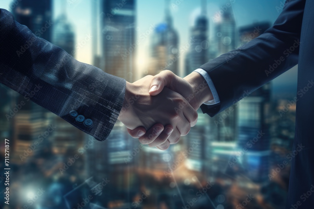 Two individuals confidently shake hands as they stand in front of a captivating cityscape, Business people shaking hands against a cityscape, AI Generated Two individuals confidently shake hands as they stand in front of a captivating cityscape, Business people shaking hands against a cityscape, AI Generated