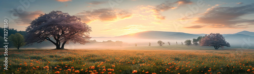 Wide panorama of a meadow with spring flowers in the morning fog. Generative AI.