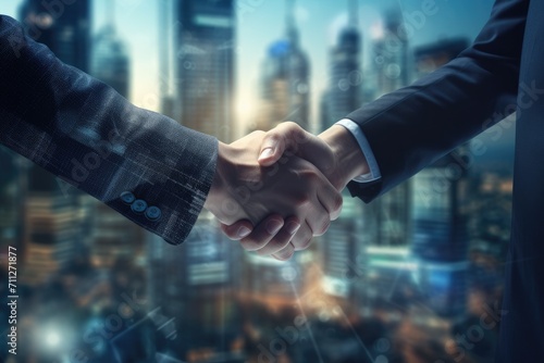 Two individuals confidently shake hands as they stand in front of a captivating cityscape, Business people shaking hands against a cityscape, AI Generated photo