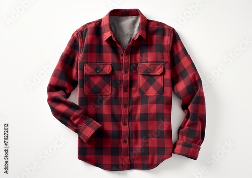 Long sleeve plaid flannel shirt red black color on white background