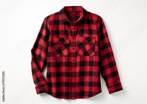 Long sleeve plaid flannel shirt red black color on white background