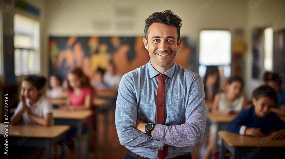 Portrait of happy male educator teaching diverse group of children at primary school Portrait of happy male educator teaching diverse group of children at primary school