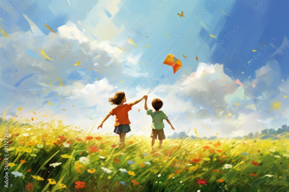 A vibrant painting capturing the pure joy of two children as they fly a kite in the open sky, Children flying kites in a summer meadow, AI Generated - obrazy, fototapety, plakaty 
