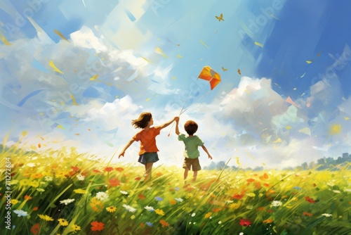 A vibrant painting capturing the pure joy of two children as they fly a kite in the open sky, Children flying kites in a summer meadow, AI Generated