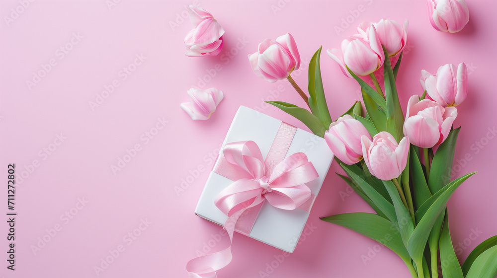 Top view of giftbox with ribbon bouquet of tulips on pink background Top view of giftbox with ribbon bouquet of tulips on pink background