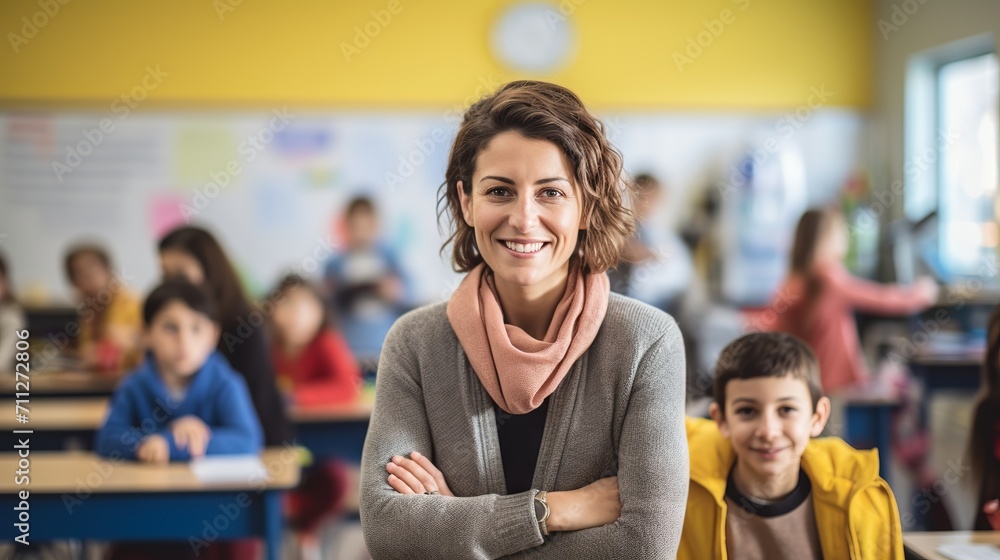 Obraz premium Happy female teacher with diverse students in elementary school classroom posing for camera