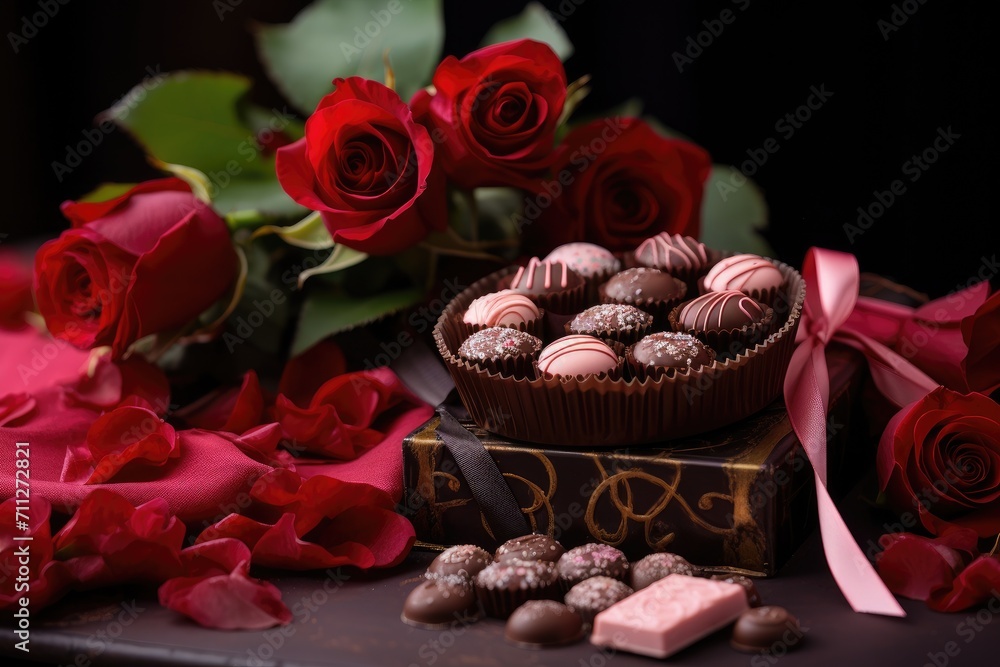 A beautiful arrangement of chocolates and roses presented on a table, perfect for gifting on a memorable occasion, Chocolates and roses for mom on her special day, AI Generated A beautiful arrangement of chocolates and roses presented on a table, perfect for gifting on a memorable occasion, Chocolates and roses for mom on her special day, AI Generated