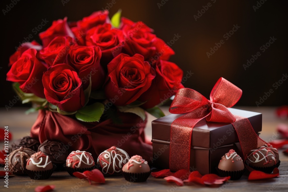 A beautiful arrangement of roses, chocolates, and a box of roses, the ideal present for any occasion, Chocolates and roses for mom on her special day, AI Generated A beautiful arrangement of roses, chocolates, and a box of roses, the ideal present for any occasion, Chocolates and roses for mom on her special day, AI Generated