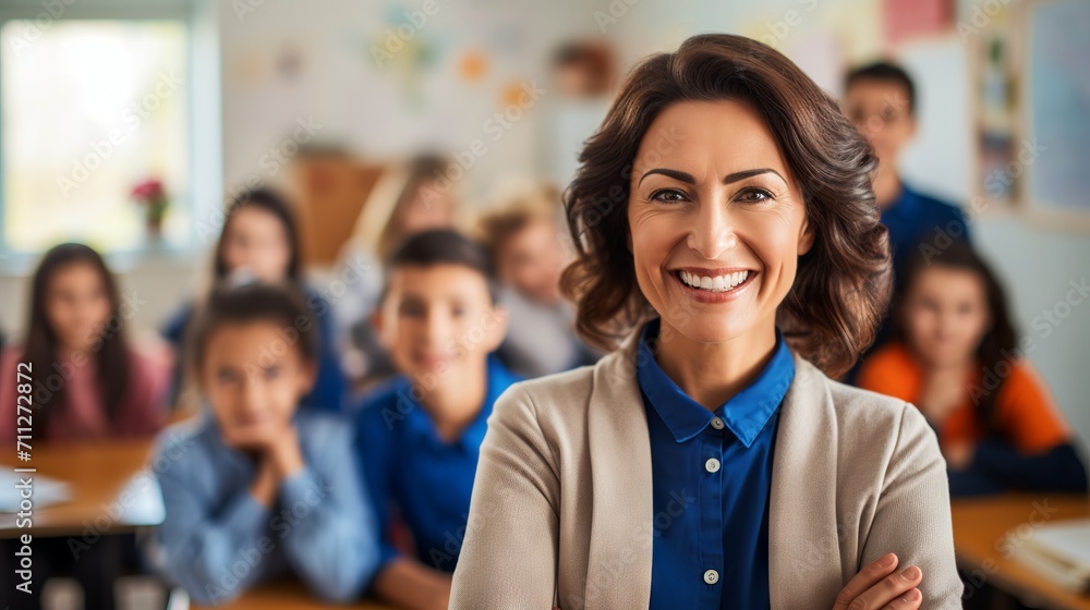 Happy female teacher with diverse students in elementary school ...