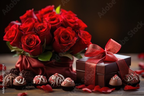 A beautiful arrangement of roses, chocolates, and a box of roses, the ideal present for any occasion, Chocolates and roses for mom on her special day, AI Generated